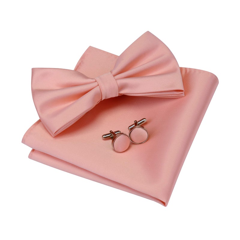 GUSLESON Mens Rose Gold Bow Tie Solid Wedding Pre-tied Bowtie and Pocket Square Cufflink Set (0570-24) - Image 1
